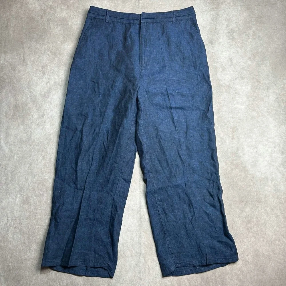 Zara Women XL Blue Linen Wide Leg High Rise Cropped Trousers Pants
